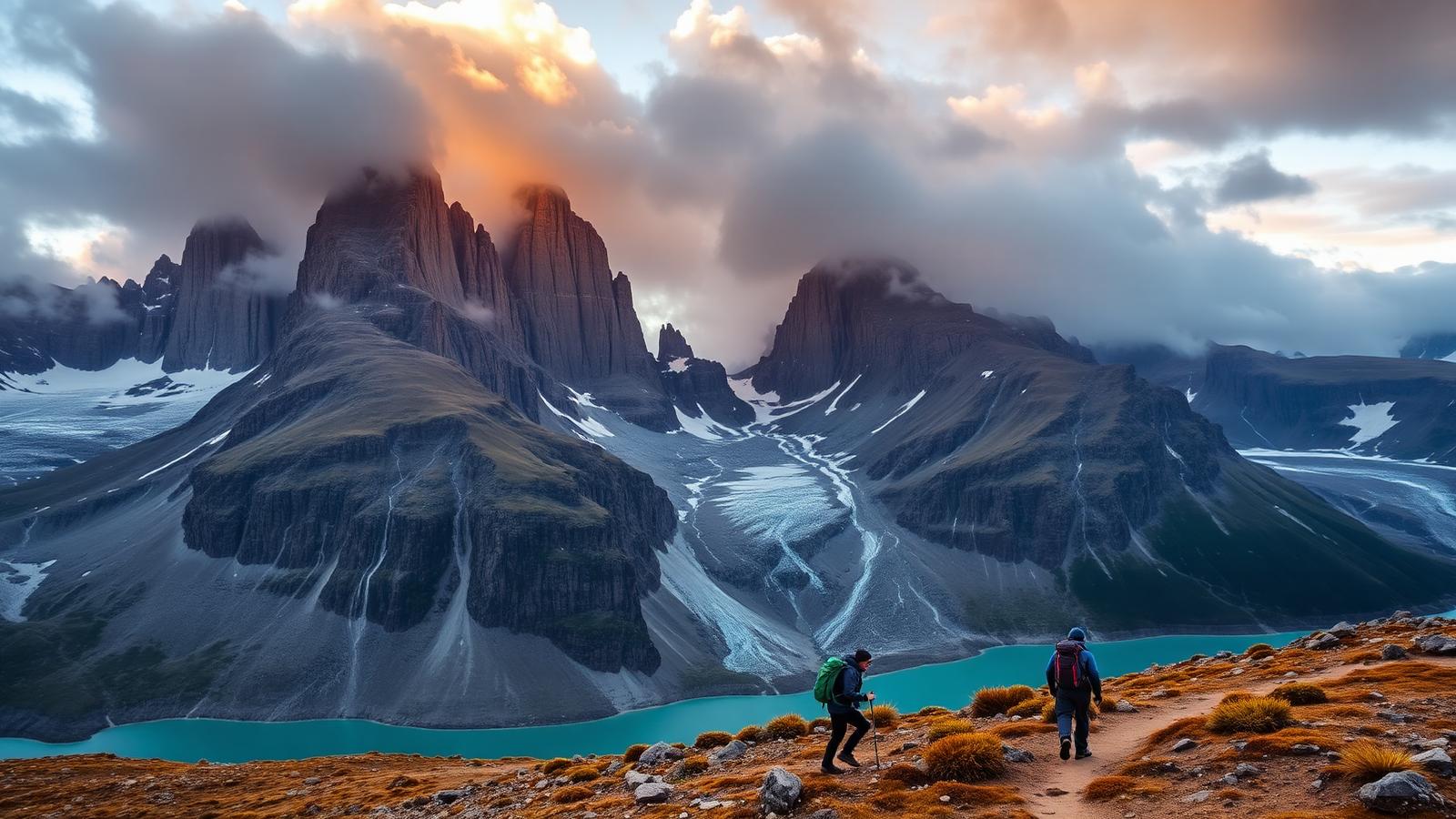 Hikers walking toward the granite spires of Torres del Paine at sunrise in Patagonia